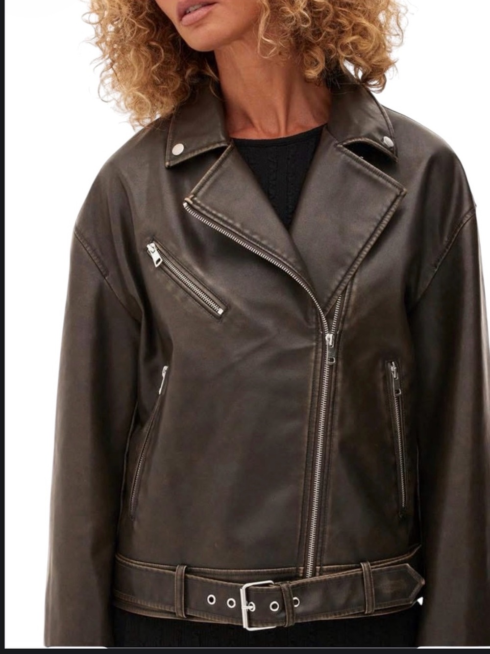 Rita Ora Classic Women's Faux Leather Biker Jacket Dark Brown M